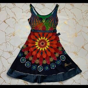 Desigual Women Floral Belted Geometric Sleveless Dress Size Small Logo